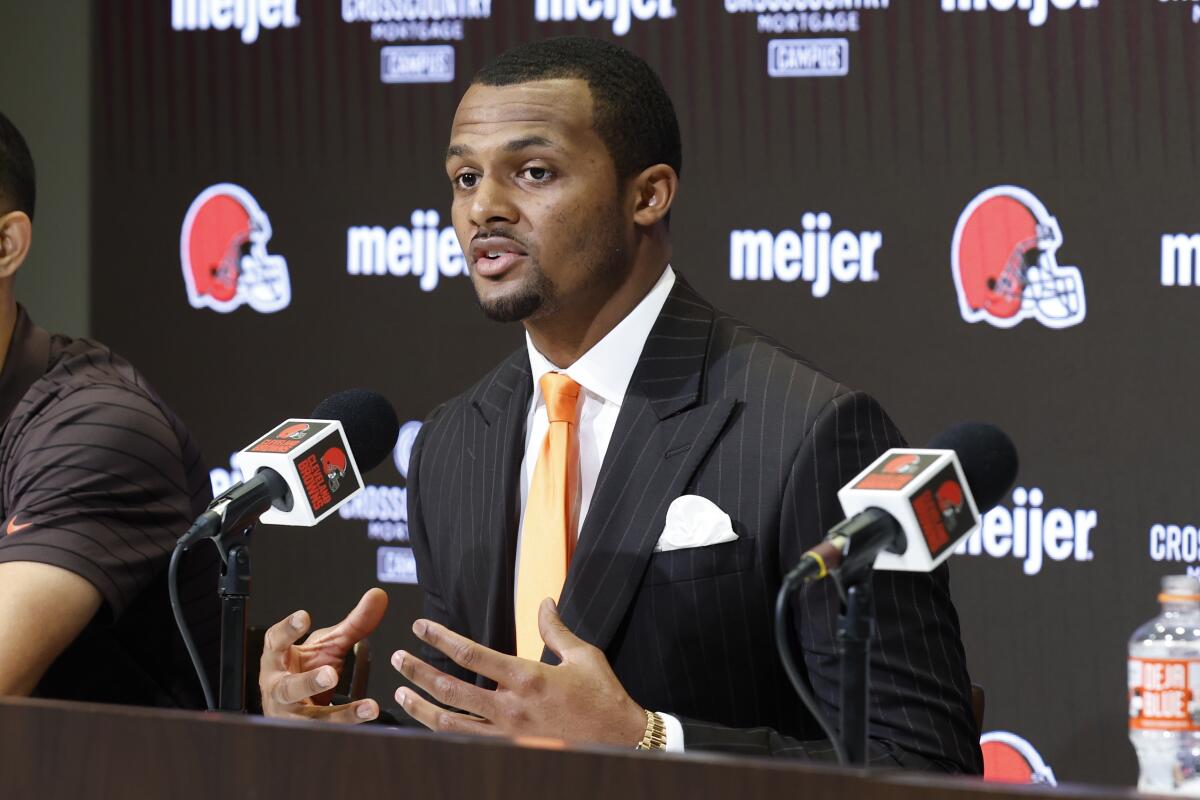 New Cleveland Browns quarterback Deshaun Watson speaks during a news conference March 25, 2022, in Berea, Ohio. 