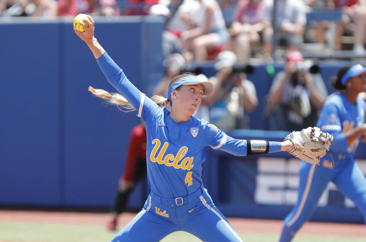 UCLA's Holly Azevedo pitches against Oklahoma during the Bruins' win over Oklahoma in their first of two games Monday.
