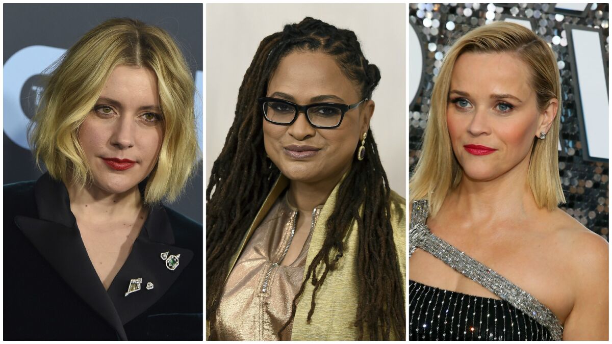 From left: Greta Gerwig, Ava DuVernay and Reese Witherspoon are among 50 signatories to a letter to the Directors Guild of America urging the organization to adopt improved parental leave policies.