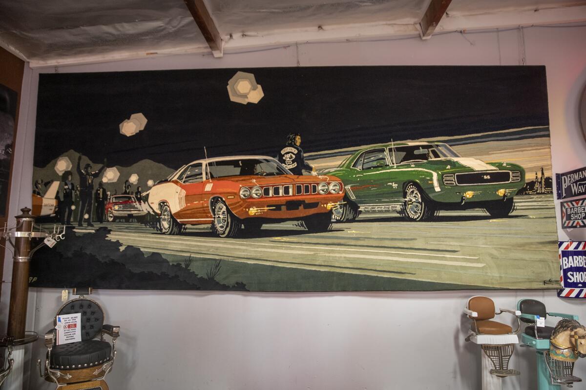 A view of "Street Racers," the 20-foot-long tapestry that pays tribute to Big Willie Robinson, the founder of the Brotherhood of Street Racers.