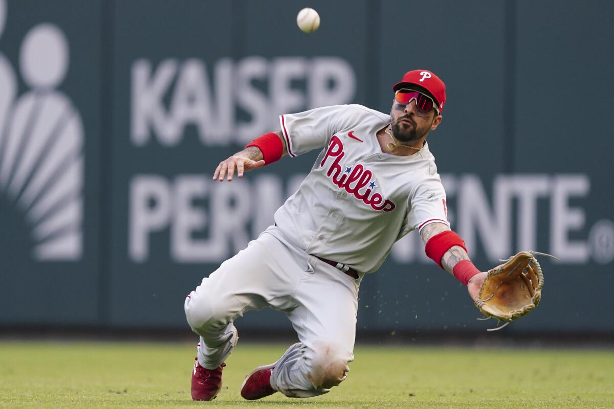 Philadelphia Phillies right fielder Nick Castellanos makes a diving catch against the Atlanta Braves on Tuesday.