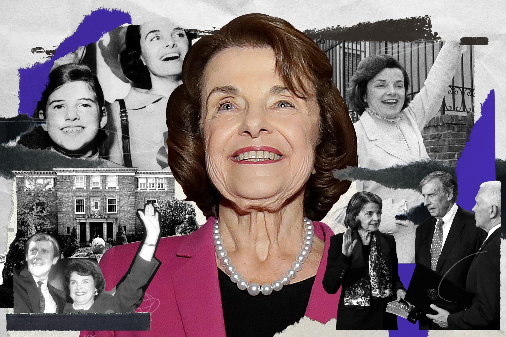 A photo collage with a color portrait of Dianne Feinstein surrounded by black-and-white photos from her life and career