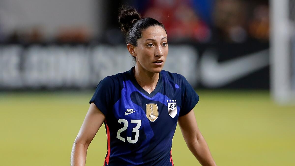 U.S. forward Christen Press follow a play during a Summer Series win over Jamaica on Sunday.