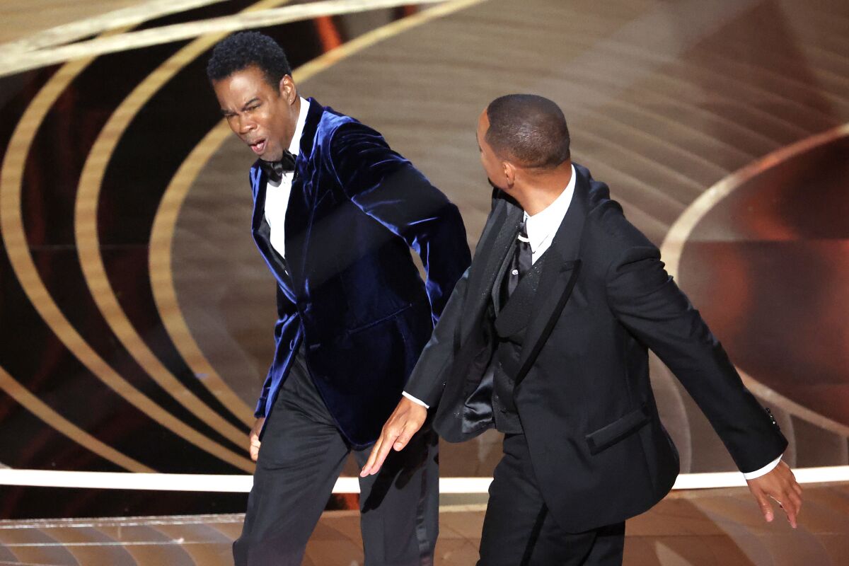 Will Smith slapping Chris Rock onstage during the show at the 94th Academy Awards at the Dolby Theatre at Ovation Hollywood
