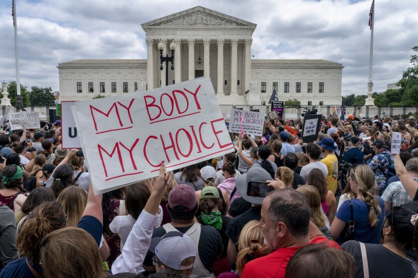 Abortion-rights protesters regroup and protest following Supreme Court's decision to overturn Roe v. Wade.