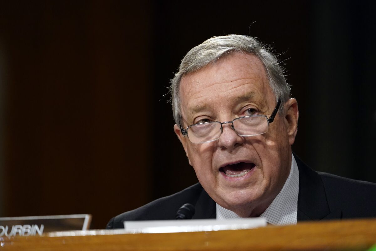 Sen. Dick Durbin, D-Ill., speaks during a Senate Judiciary Committee hearing on Capitol Hill in Washington, Tuesday, Nov. 10, 2020, on a probe of the FBI's Russia investigation. (AP Photo/Susan Walsh, Pool)