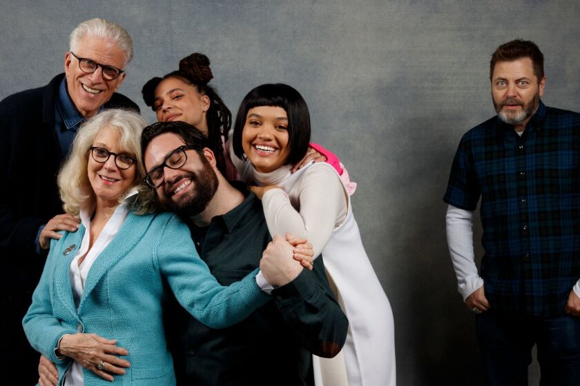 PARK CITY,UTAH --FRIDAY, JANUARY 19, 2018-- ctress Blythe Danner, actor Ted Danson, actress Sasha Lane, writer/director, Brett Haley, actress Kiersey Clemons and actor Nick Offerman, from the film, âHeart Beats Loud," photographed in the L.A. Times Studio at Chase Sapphire on Main, during the Sundance Film Festival in Park City, Utah, Jan. 19, 2018. (Jay L. Clendenin / Los Angeles Times)