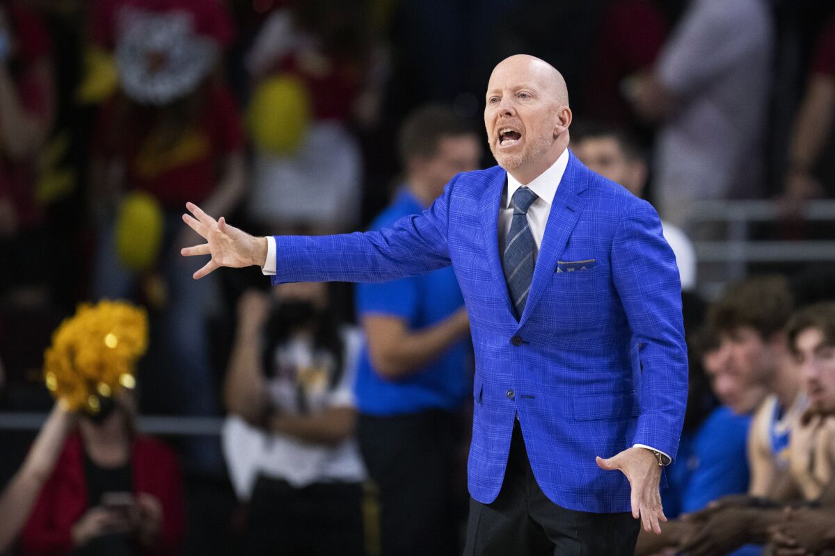 UCLA coach Mick Cronin gives instructions during a game against USC on Feb. 12 at Galen Center.