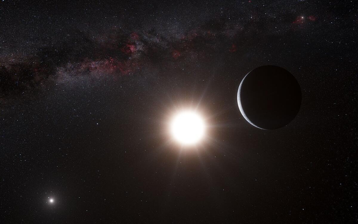 This artist's representation shows a planet, right, orbiting the star Alpha Centauri B, center, a member of the triple star system that is closest to Earth. This exoplanet sat too close to its star for liquid water to exist. Now, scientists say a star's habitable zone might stretch a little bit closer in, which could alter the way researchers hunt for planets.