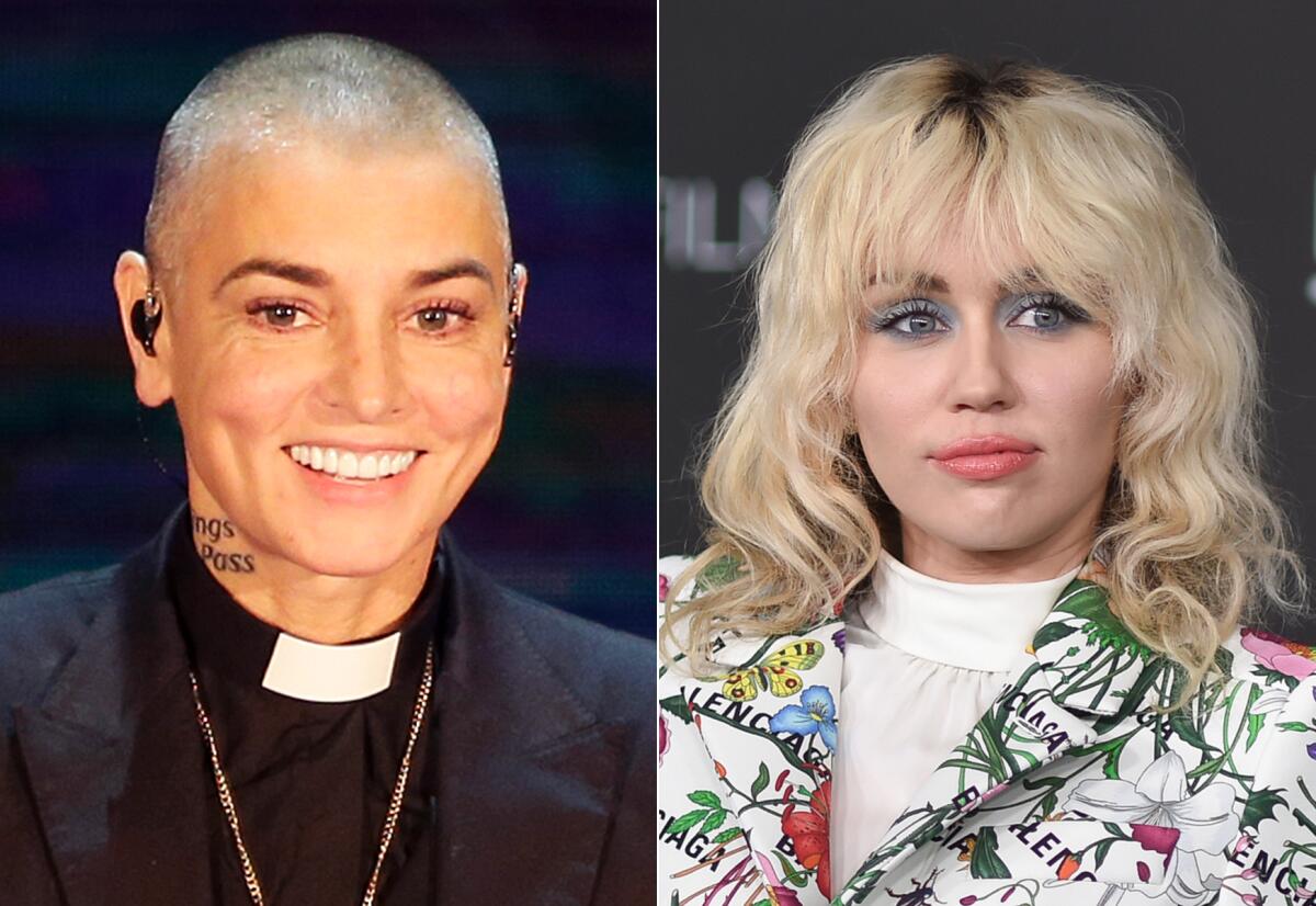 Sinéad O'Connor' in a clerical collar and Miley Cyrus with curly blond hair and wearing a jacket with a graphic print.