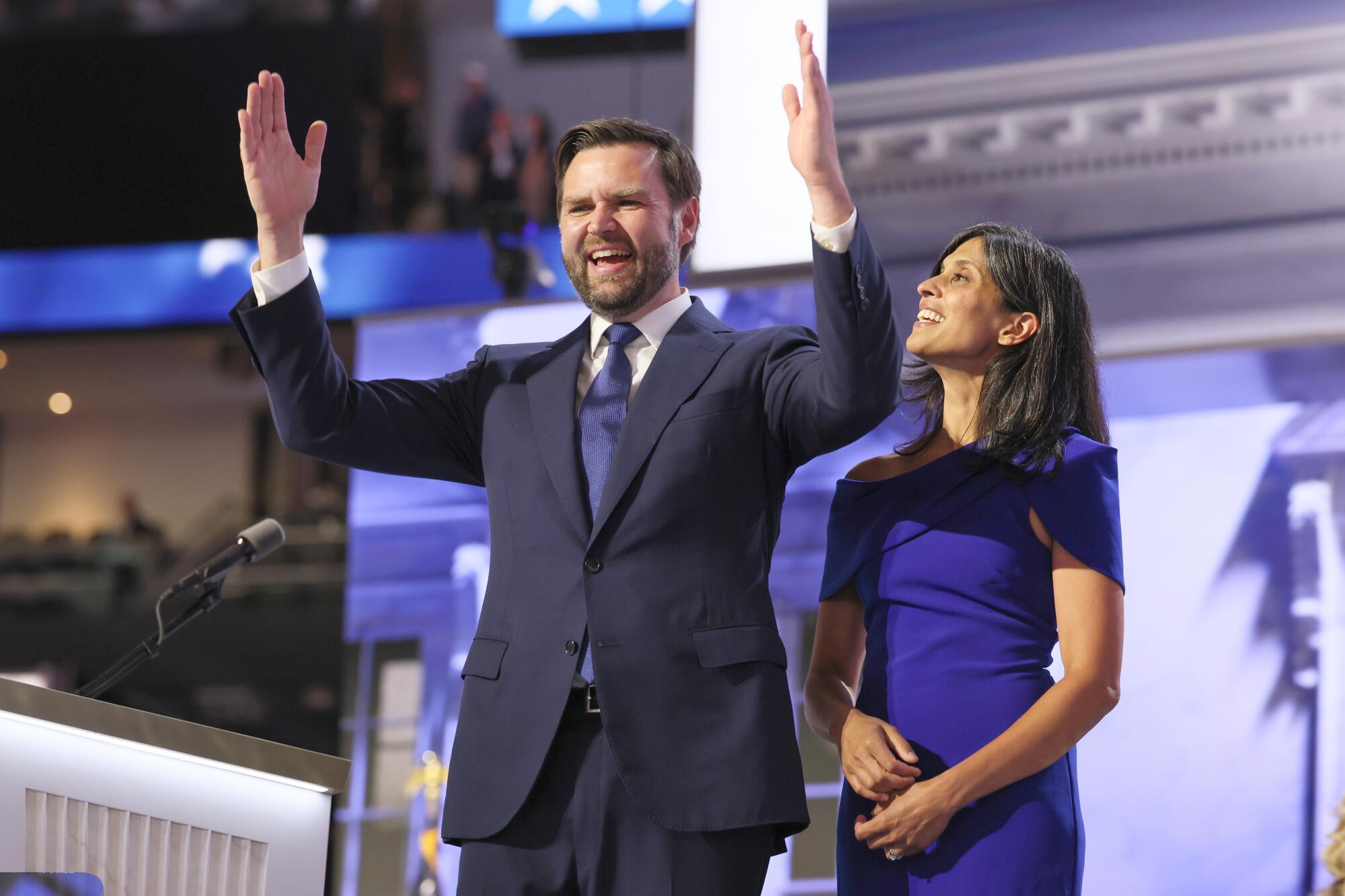 Vice Presidential candidate JD Vance with his wife, Usha on stage during day three of the Republican National Convention.