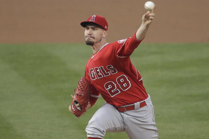 Los Angeles Angels pitcher Andrew Heaney works against the Oakland Athletics.