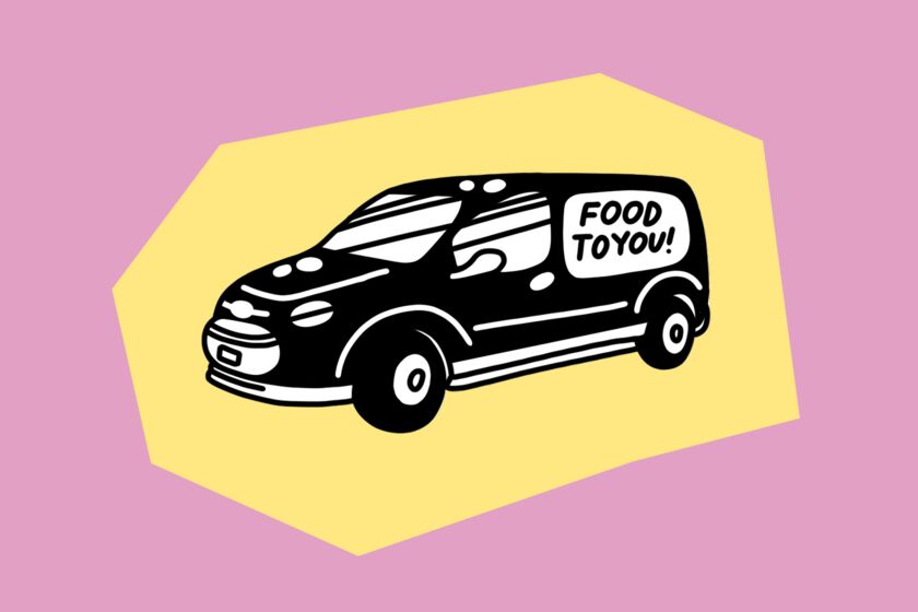 Illustration of a van that reads "food to you!" on its side.