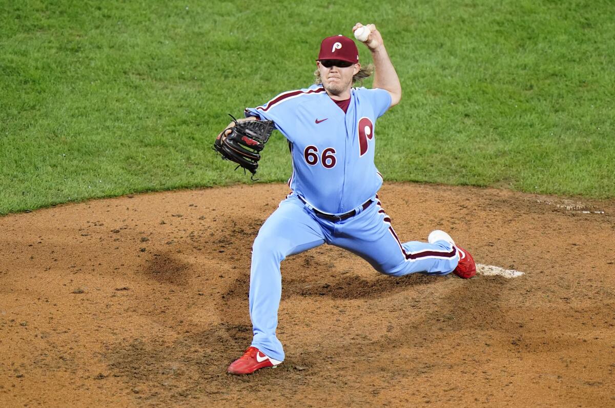 Philadelphia Phillies' Garrett Cleavinger pitches.