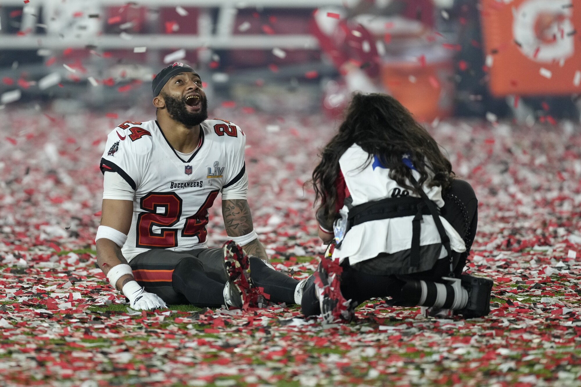 Tampa Bay cornerback Carlton Davis celebrates after the Buccaneers' Super Bowl LV victory.