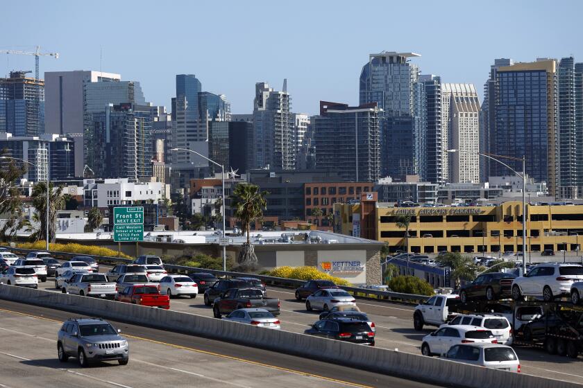 San Diego, CA - May 9: Traffic backs up on I-5 headed toward downtown San Diego on Tuesday, May 9, 2023. (K.C. Alfred / The San Diego Union-Tribune)