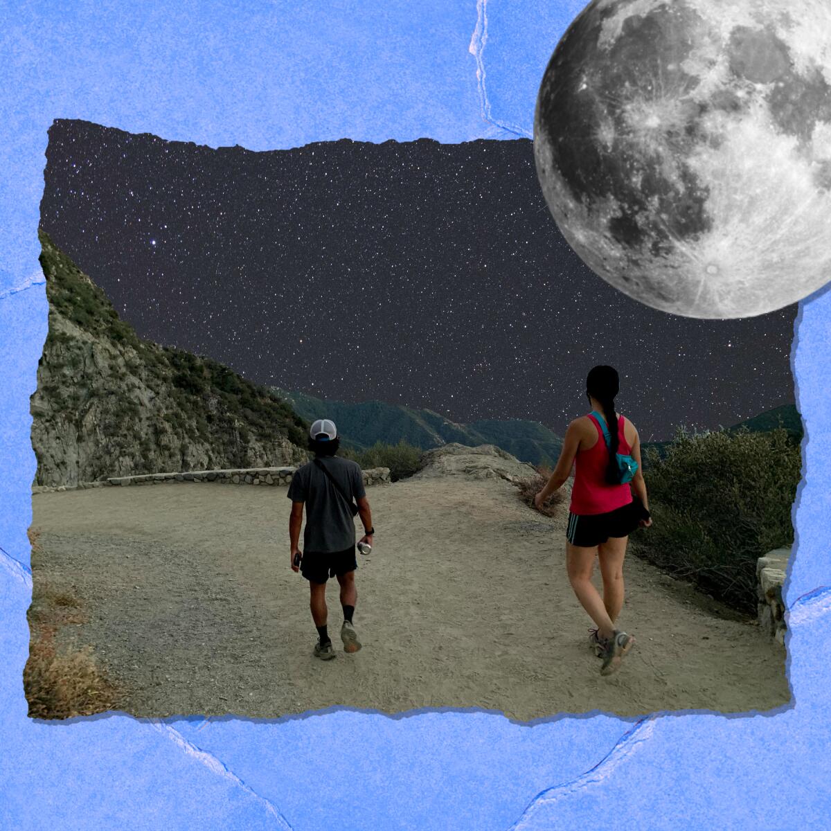 Hikers walk on a path. An illustration adds the night sky and the moon.