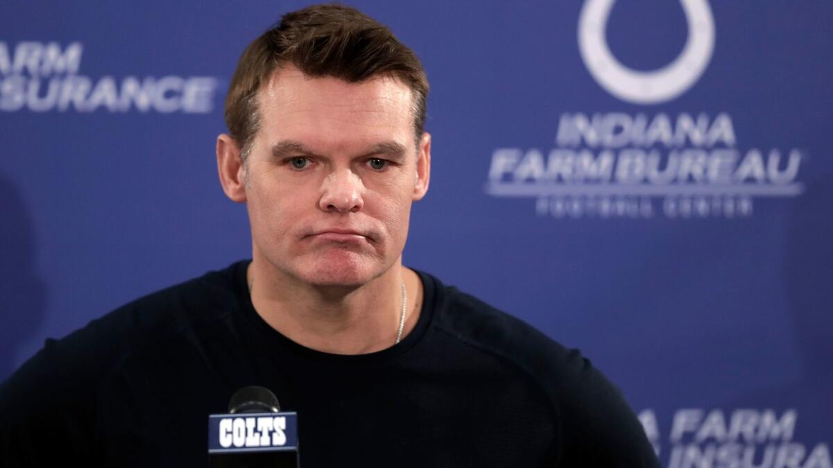 Indianapolis Colts general manager Chris Ballard answers questions during a news conference at the team's practice facility on Feb. 7.