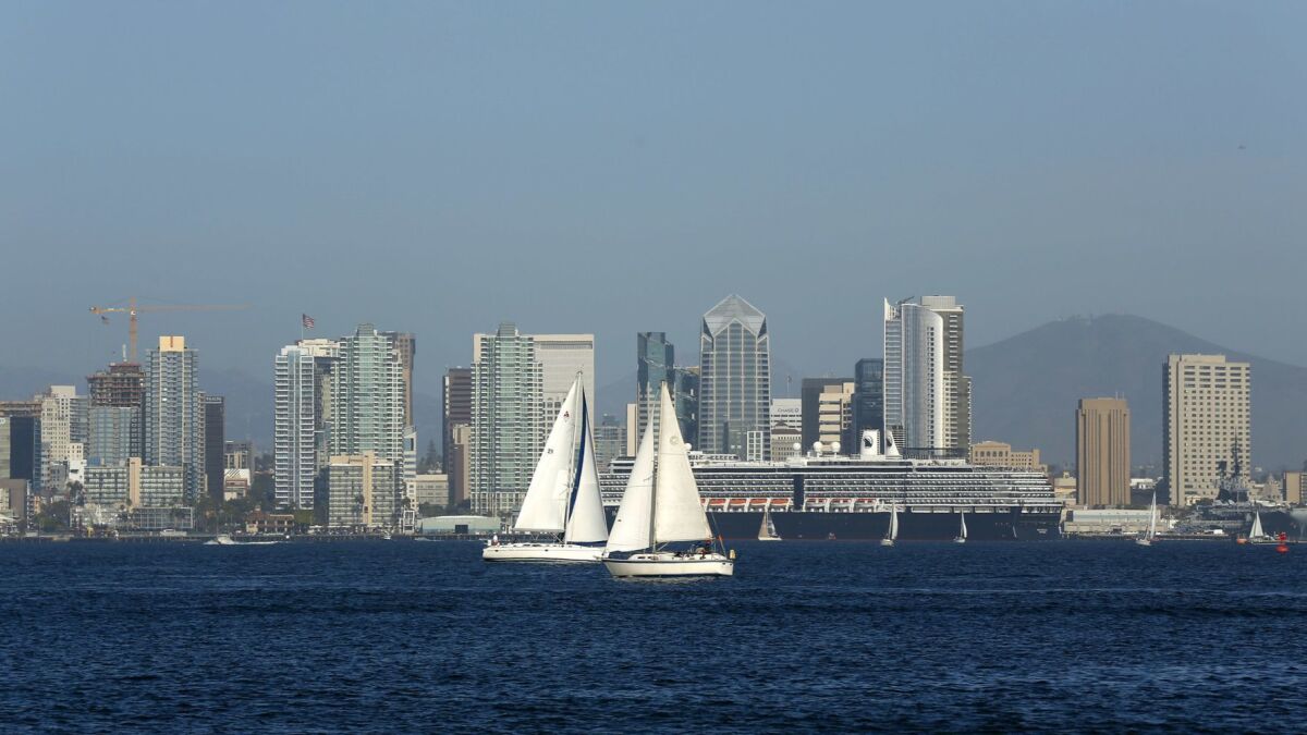 Sailboats navigate San Diego bay.