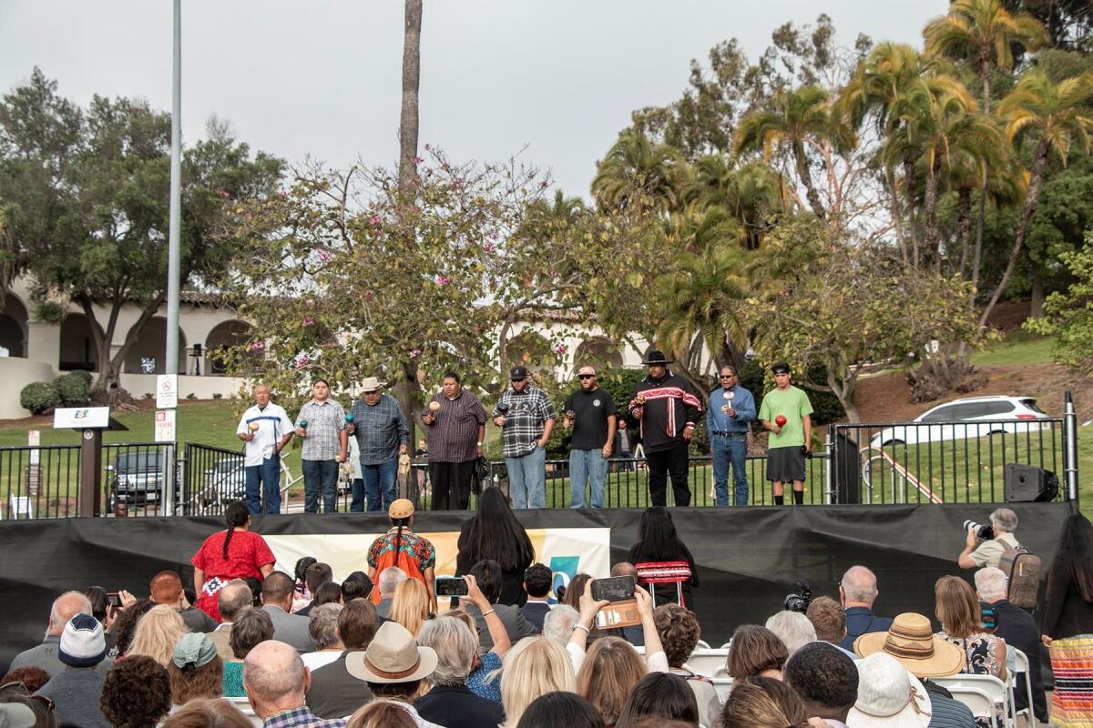 Members of the Kumeyaay Nation sing traditional bird songs. The July 16, 2019 event featured the dedication and addition of a Kumeyaay flag to Presidio Park in San Diego.