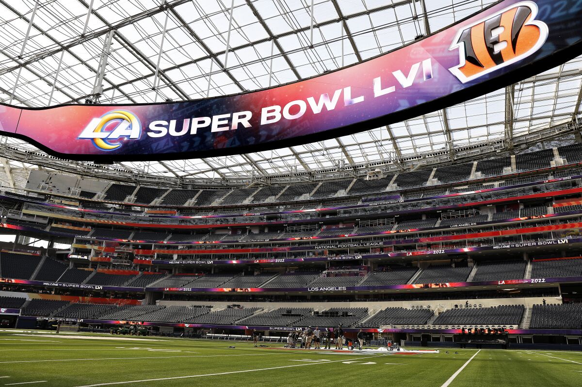 The field is prepped for Super Bowl LVI at Sofi Stadium.