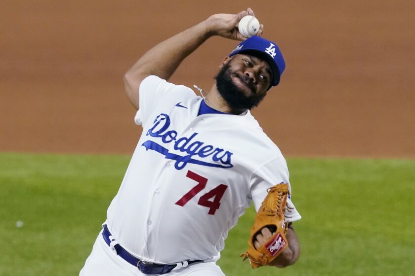 Los Angeles Dodgers pitcher Kenley Jansen delivers against the San Diego Padres.