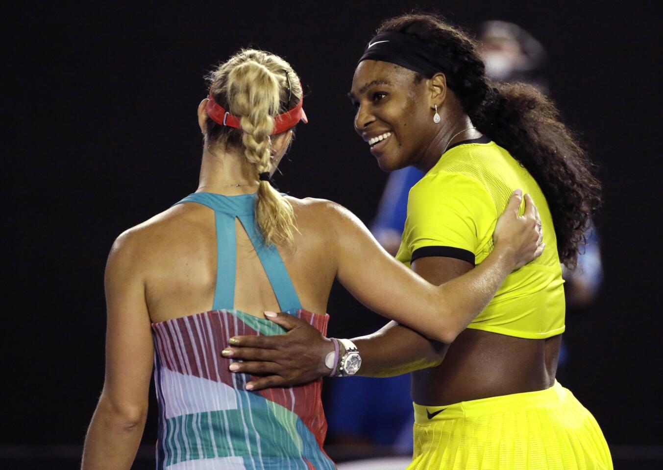 Angelique Kerber is congratulated by Serena Williams after their match.