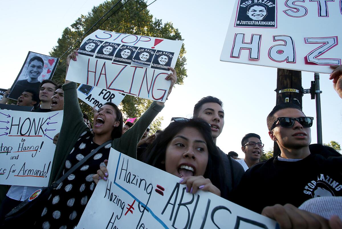 Family and friends of Armando Villa rally July 9, 2014, to call for an end to fraternity hazing at Cal State Northridge. Villa, a student at the school, died while on a hike with fraternity members, reportedly from excessive hazing.