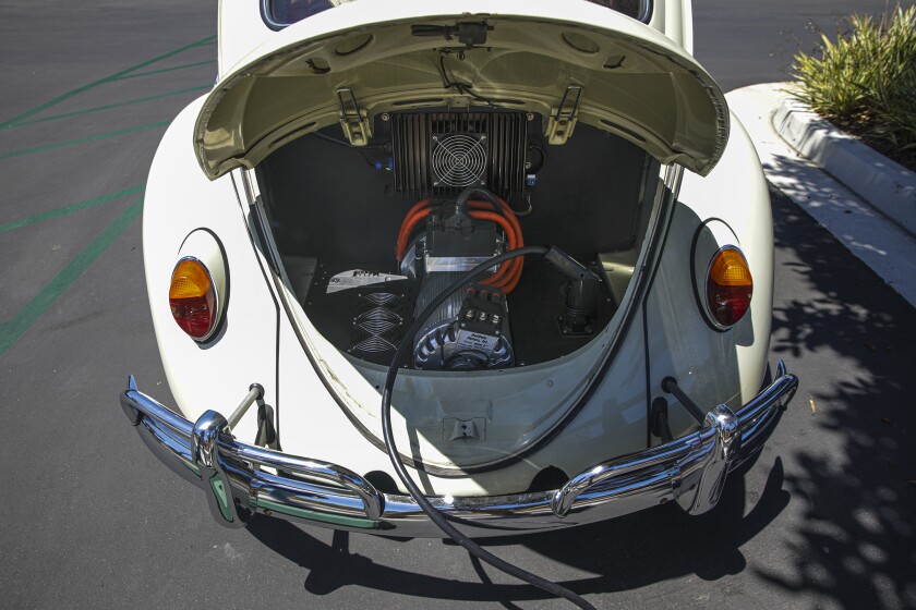 The back of an electrified Volkswagen Beetle.