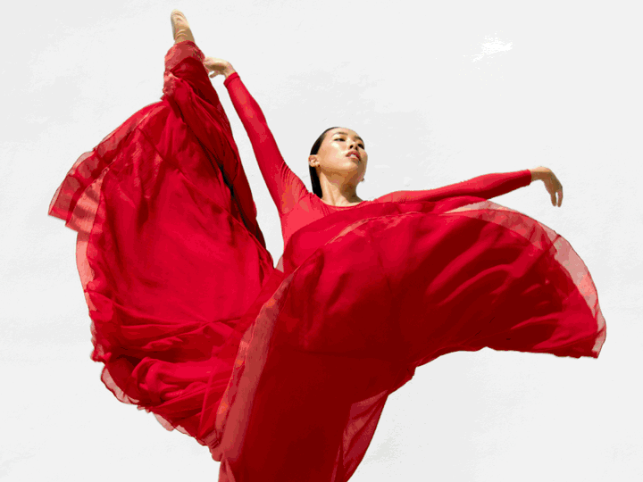 A slideshow features a dancer in red, a father reaching out to his son, a woman in a cowboy hat and two airborne tap dancers