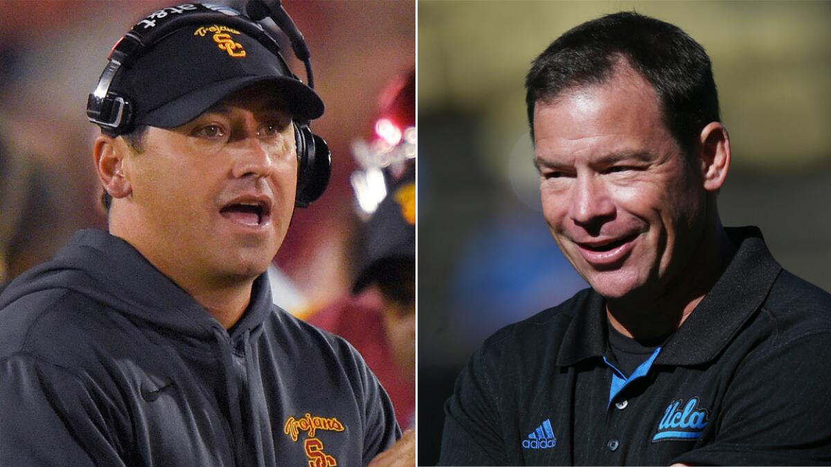 USC Coach Steve Sarkisian, left, and UCLA Coach Jim Mora share a unique history that goes beyond the USC-UCLA rivalry.