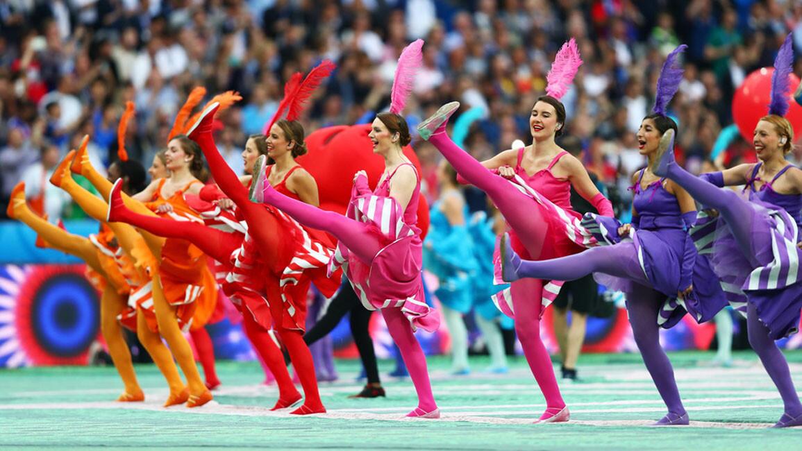 Dancers perform during the opening ceremony prior to the UEFA Euro 2016 Group A match between France and Romania at Stade de France on June 10, 2016 in Paris, France.