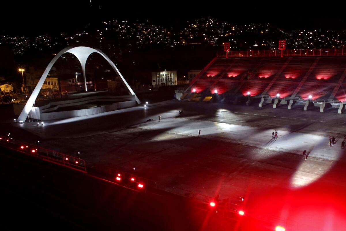 The empty, lighted Sambadrome in Rio.