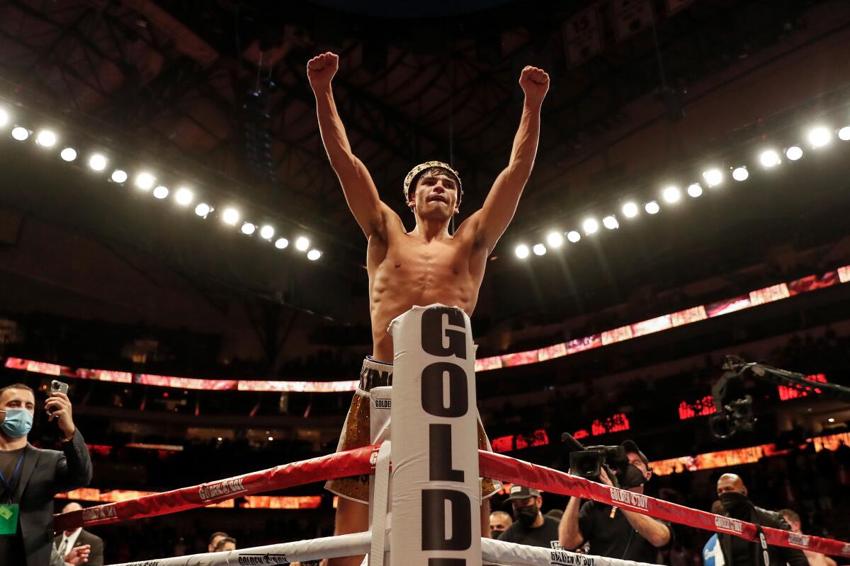 Ryan Garcia celebrates after defeating Luke Campbell in a WBC lightweight title fight in Dallas on Jan. 2, 2021.