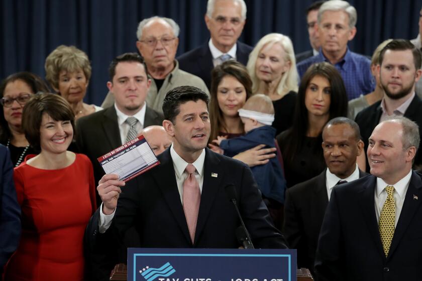 Speaker of the House Paul Ryan (R-WI), surrounded by American families, and members of the House Republican leadership introduces a tax reform bill on Nov. 2, 2017 in Washington, DC.