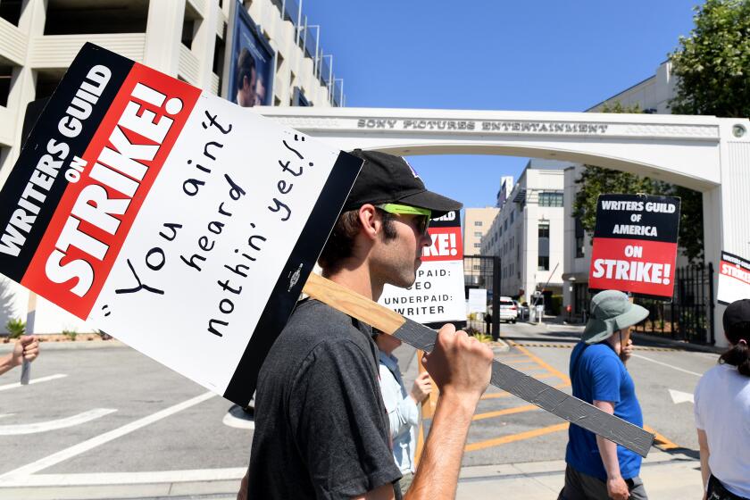 Culver City, California July 18, 2023-Members of SAG and AFTRA strike outside Sony Pictures in Culver City Tuesday. (Wally Skalij/Los Angles Times)