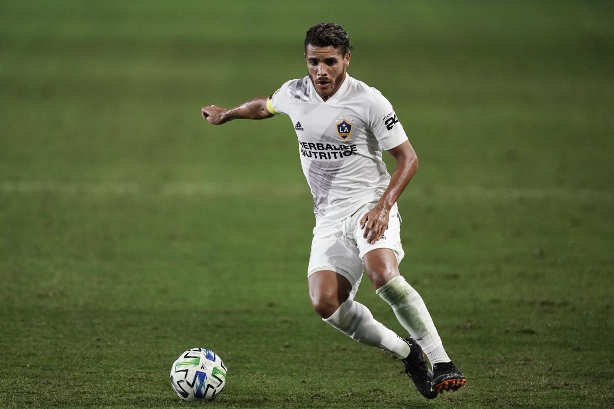 Galaxy's Jonathan dos Santos moves the ball during the second half against Real Salt Lake on Nov. 1, 2020 in Carson.