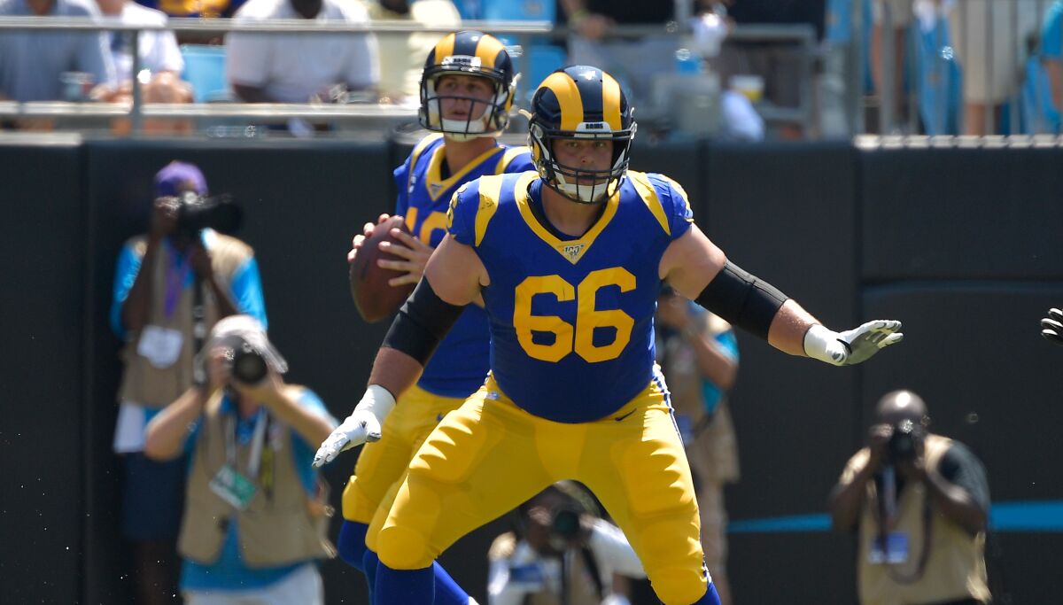 Rams offensive lineman Austin Blythe protects quarterback Jared Goff.