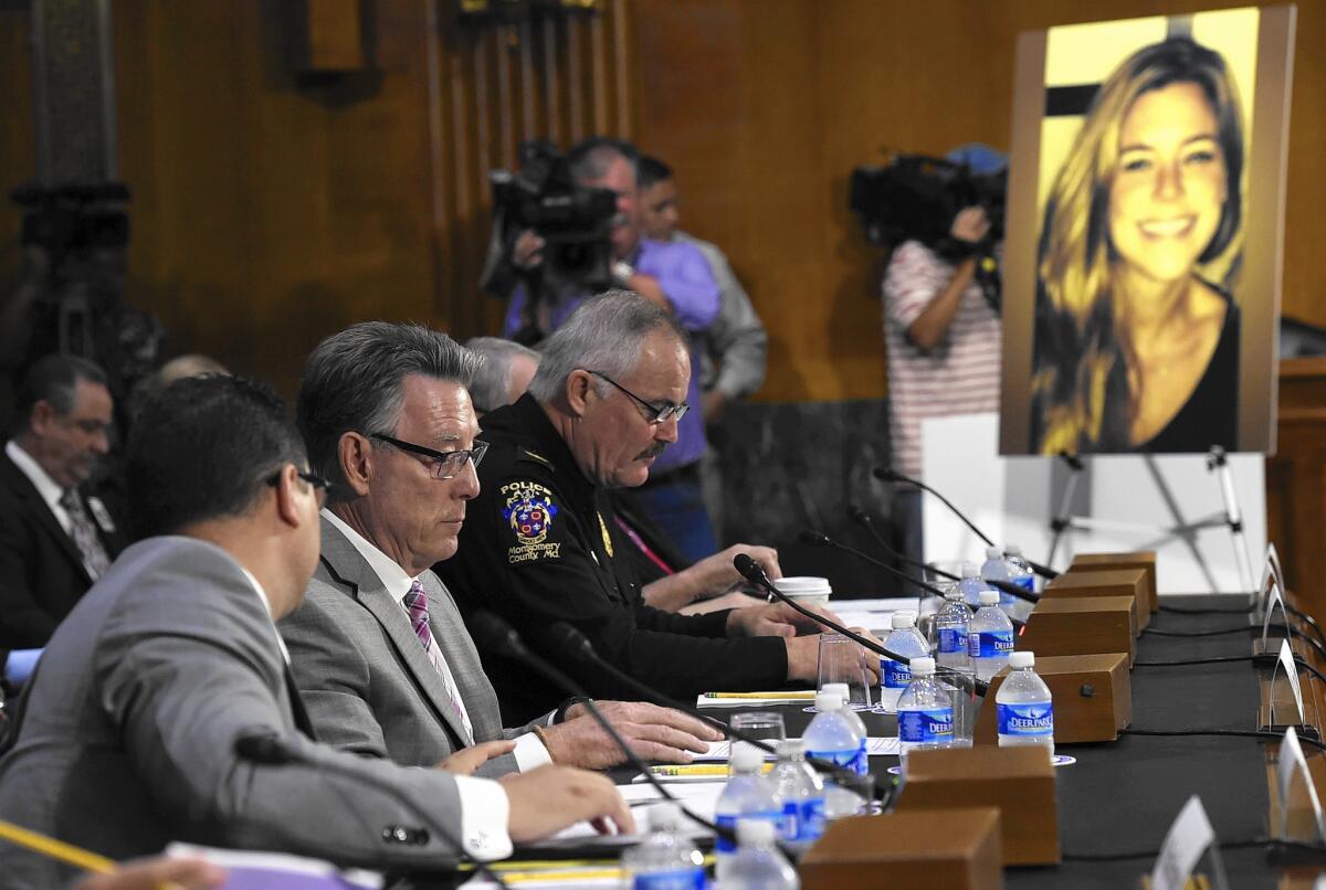 Jim Steinle, second from left, father of Kate Steinle (in photo at right), testifies at a Senate hearing on the administration's immigration enforcement policies. Kate Steinle was killed on a San Francisco waterfront walkway, allegedly by a man who had been deported several times.