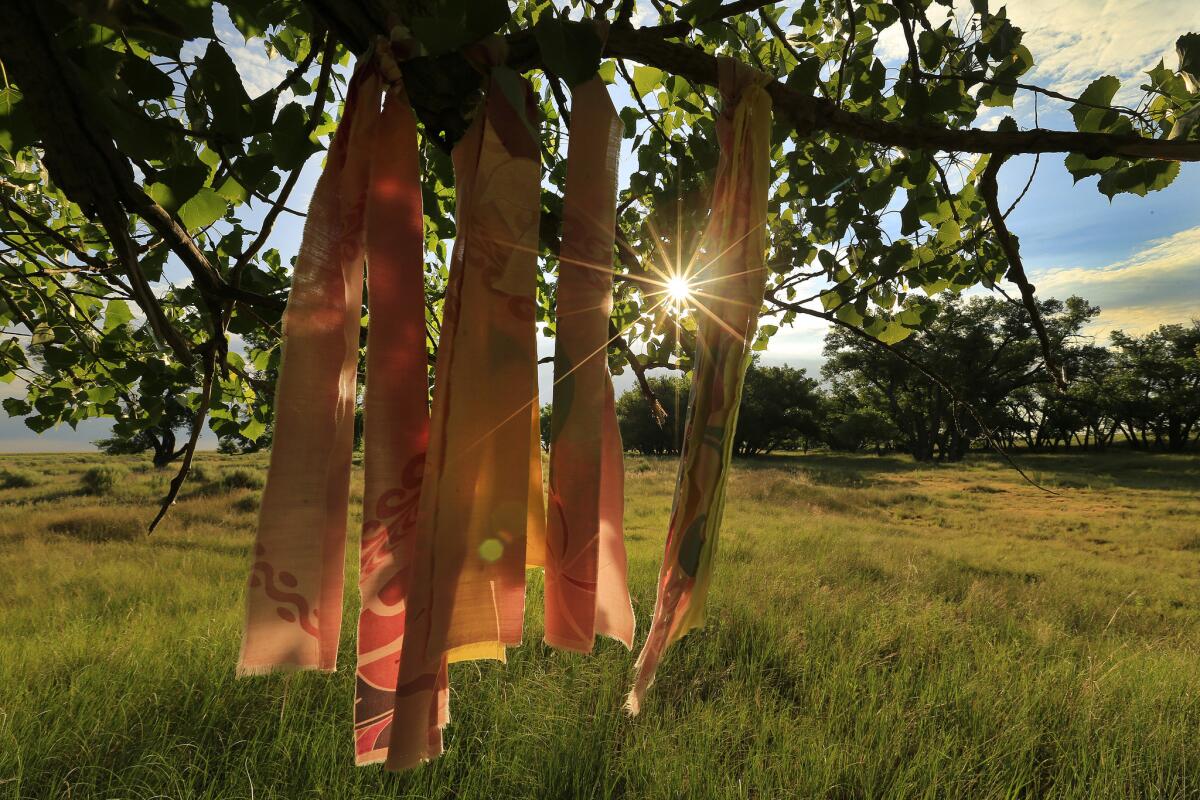 Native American prayer flags hang from a tree in the area where the massacre was perpetrated.