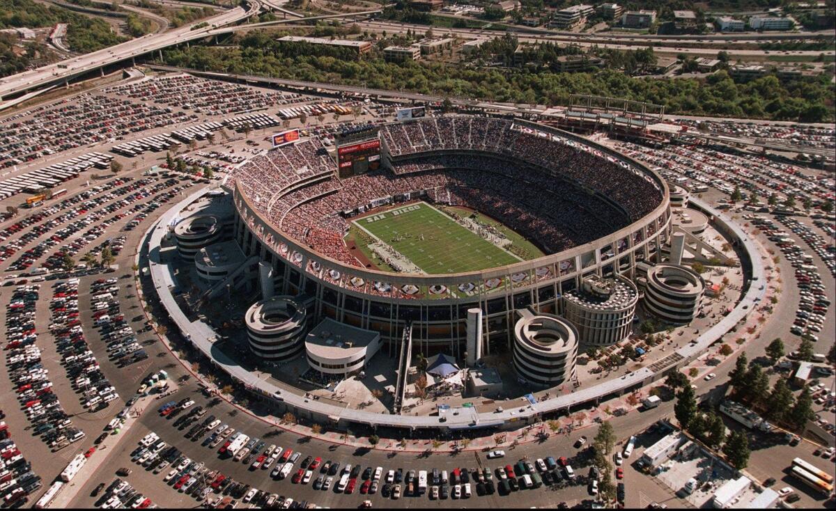 Qualcomm Stadium in Mission Valley is home to the Chargers, who would like a new stadium. The venue opened in 1967 and has been expanded twice -- in 1984 and 1997.