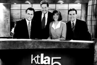 The KTLA Morning News team on the set in 1999. From left: Carlos Amezcua, Sam Rubin, Barbara Beck and Mark Kriski.