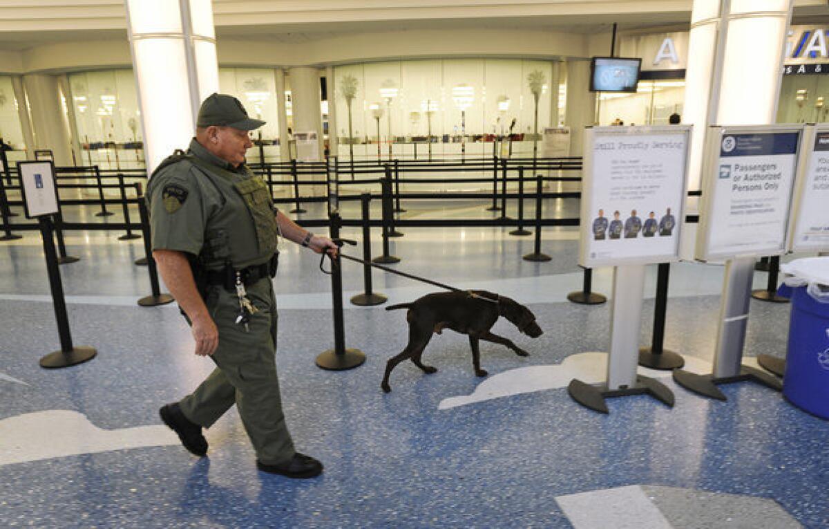 Jacksonville International Airport police Officer Tim Hodges searches a passenger area with a bomb-sniffing dog after a man allegedly told security screeners that he had a bomb in his backpack. But they only found a luggage scale with a microchip inside, along with a remote control device he called a detonator.
