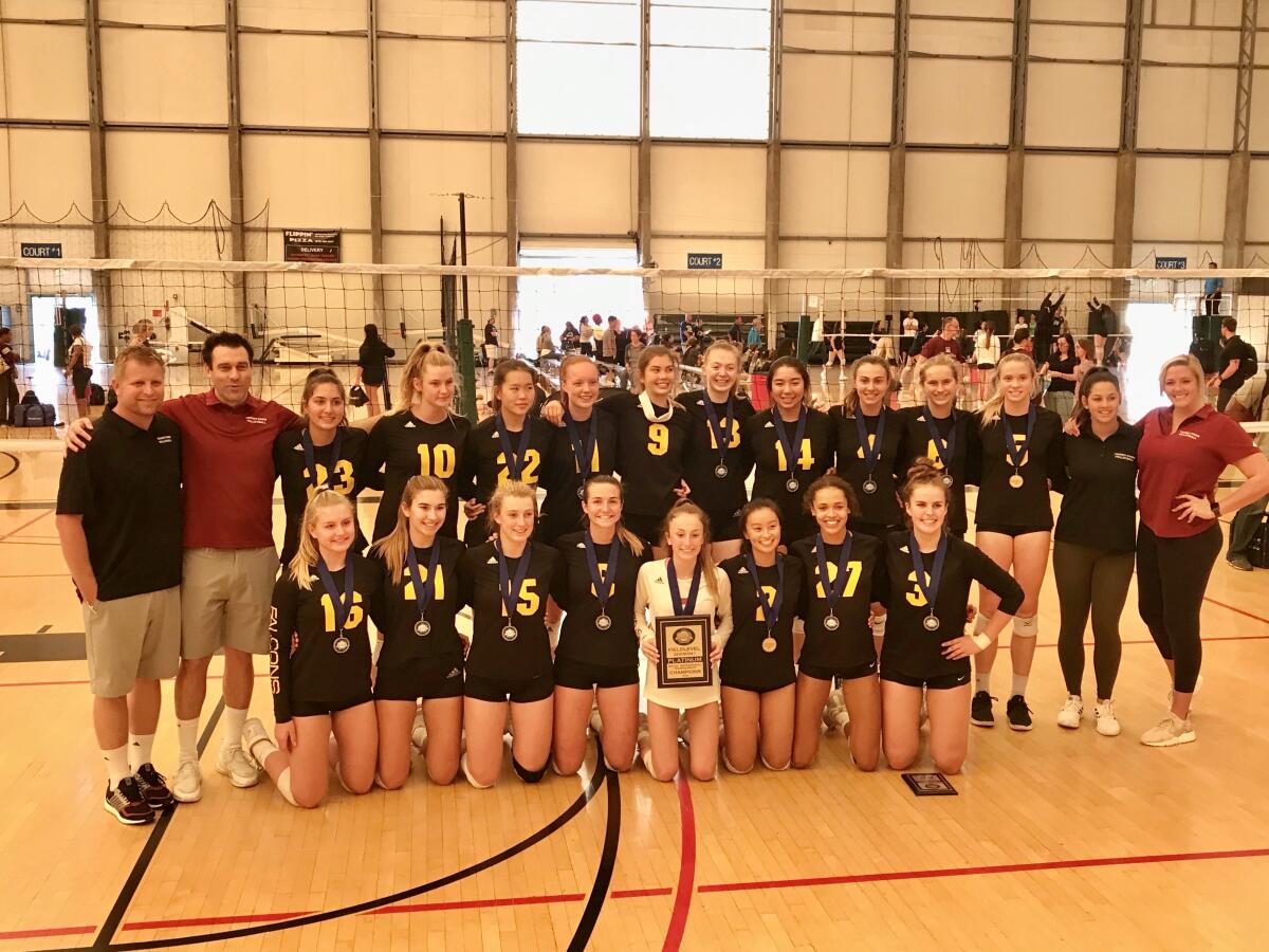 The Torrey Pines High School girls volleyball team placed first in the Platinum Division at the recent SoCal Invitational Volleyball Tournament. Carly Diehl was named tournament MVP, Trinity Durfee and Megan Kraft were chosen to the all-tournament team. Front row: Anna Hellickson, Jenna Remick,Cami Appiani, Delaynie Maple, Christiana Braswell, Bella Chan, Maya Satchell, and Carly Diehl Back row: Coach Brennan Dean, Coach Nick Rubacky, Lexi Strickland, Hannah Flannery, Alice Yu, Brooklyn Burns, Claire Deller, Trinity Durfee, Asia Parks, Audrey Hayes, Sophia Callahan, Meg Kraft, Coach Hannah Miller, and Coach Jeana Holman