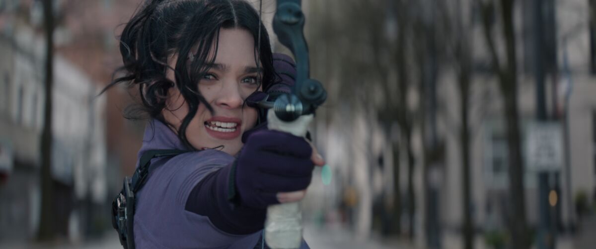 Hailee Steinfeld takes aim with her bow in "Hawkeye"