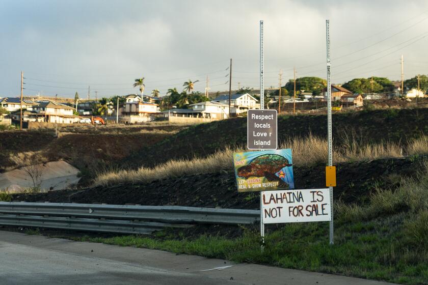 FILE - Signs asking people to respect locals and that "Lahaina is not for sale" are seen on the side of the Lahaina Bypass, Wednesday, Dec. 6, 2023, in Lahaina, Hawaii. An acute housing shortage hitting fire survivors on the Hawaiian island of Maui is squeezing out residents even as they try to overcome the loss of loved ones, their homes and their community. (AP Photo/Lindsey Wasson, File)