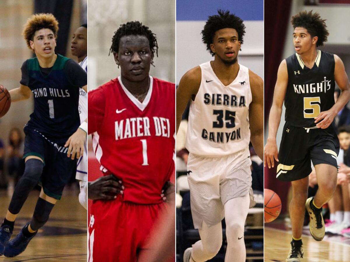 Facing off in Friday's Southern Section Open Division semifinals, from left: LaMelo Ball of Chino Hills; Bol Bol of Mater Dei; Marvin Bagley III of Sierra Canyon and Ethan Thompson of Bishop Montgomery.