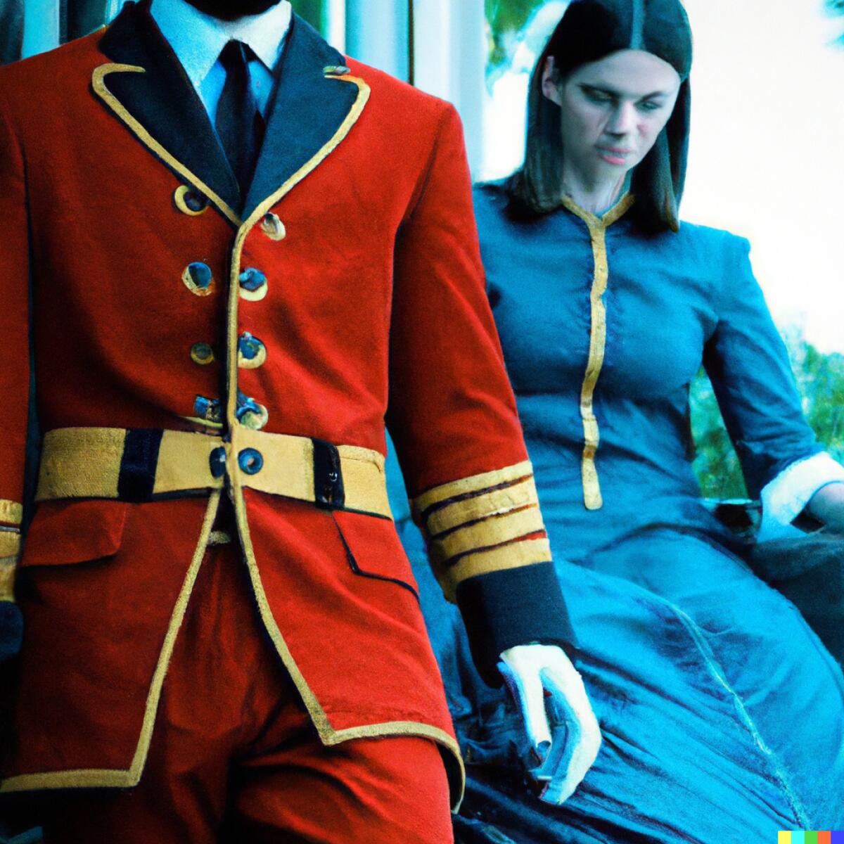 a woman standing by a faceless man in a red suit