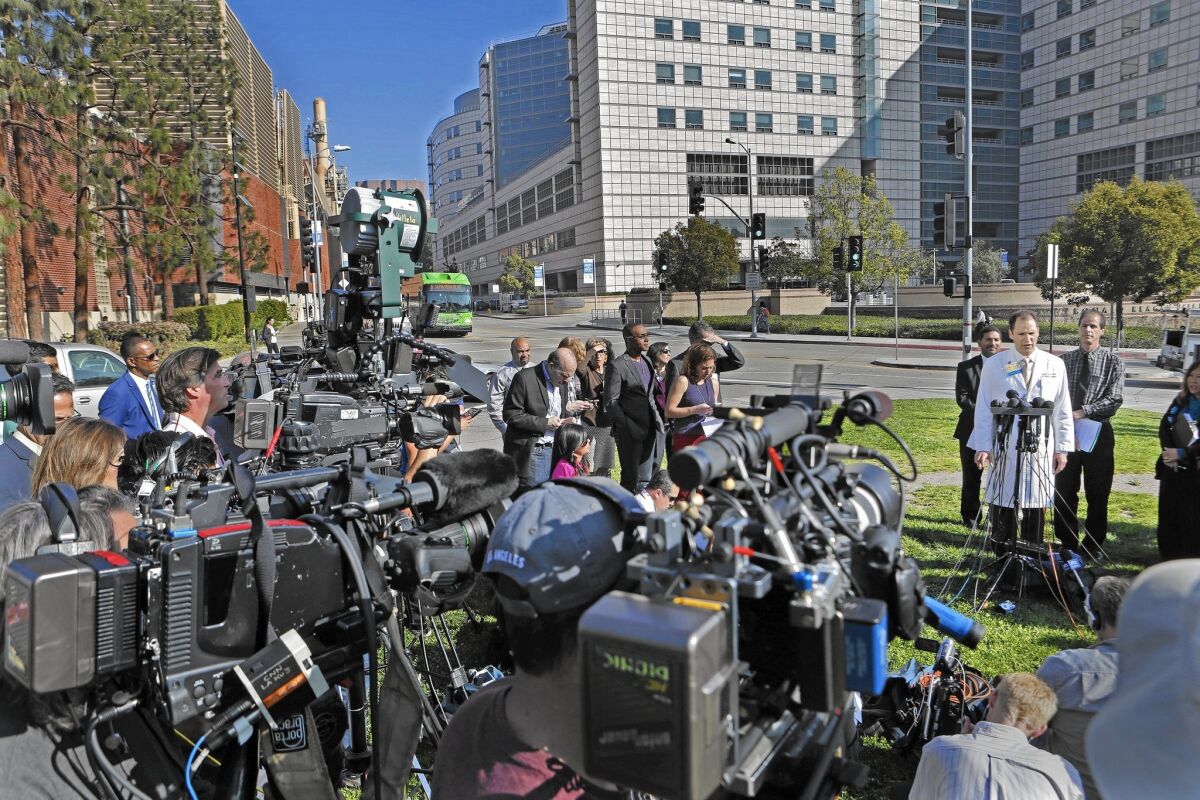 Medical experts, health officials, lawmakers and patients’ families are pinning much of the blame for the UCLA superbug outbreak and others across the country on Olympus Corp. and its gastrointestinal endoscopes. Above, a news conference outside UCLA Ronald Reagan Medical Center.