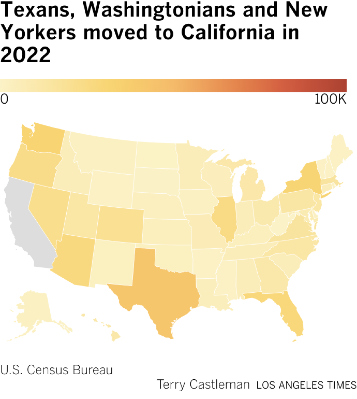 Map showing numbers of people who moved to each U.S. state from California in 2022.